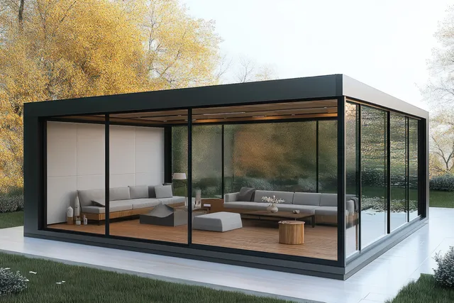 A minimalist glass pavilion with a steel frame and wooden flooring in a sunlit courtyard with outdoor seating.