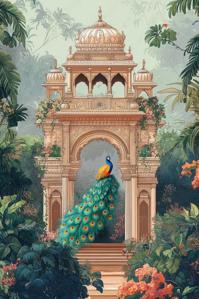 A Mughal garden gate with a peacock and parrot surrounded by lush green plants and flowers.