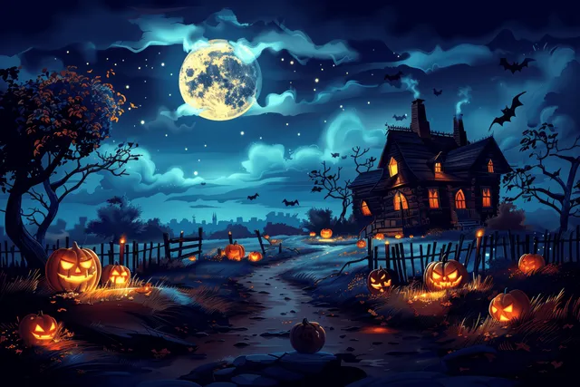 Cartoon Halloween road at night leading to a haunted house with pumpkins, fences, bats, and a glowing full moon.
