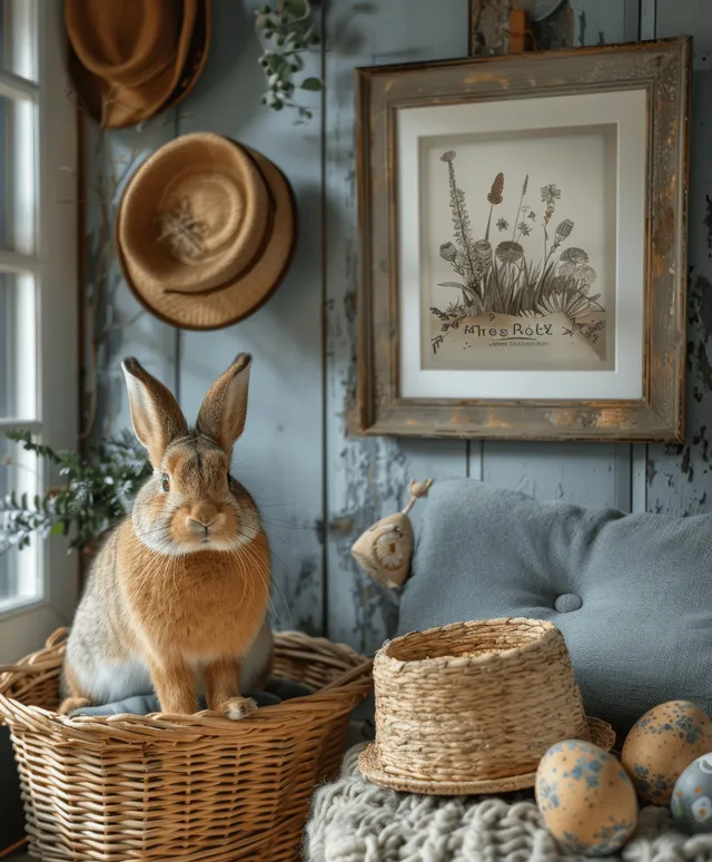 Boho A4 picture frame mockup in a child’s Easter-themed room with wooden decor