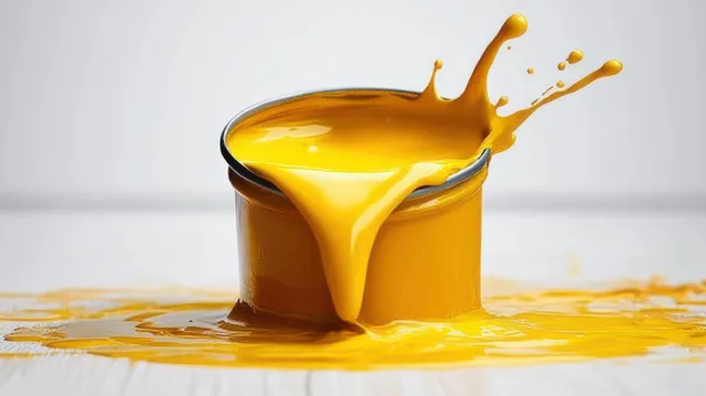 An open metal bucket pours bright yellow paint splashes across a white studio background.