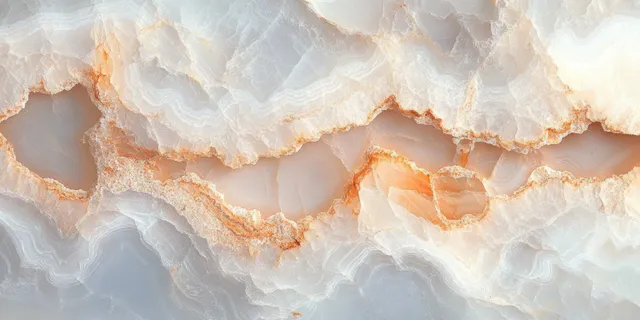 Translucent onyx stone close-up with layered pastel bands and warm orange glowing edges.