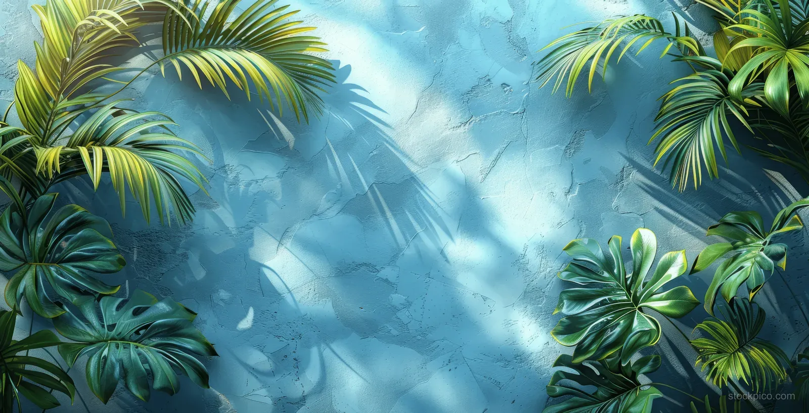 Palm frond shadows and blurred leaves overlay a white wall with soft blue and gray tones.