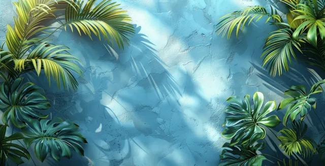 Palm tree shadows on a white wall, soft blue and gray leaf blur