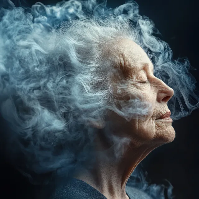An elderly woman in profile with closed eyes as blue smoke curls around her head.