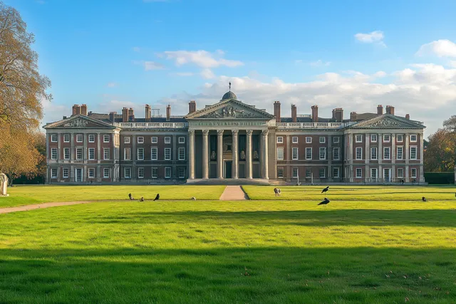 Royal Hospital Chelsea facade with grand portico, green lawn, and blue sky in London