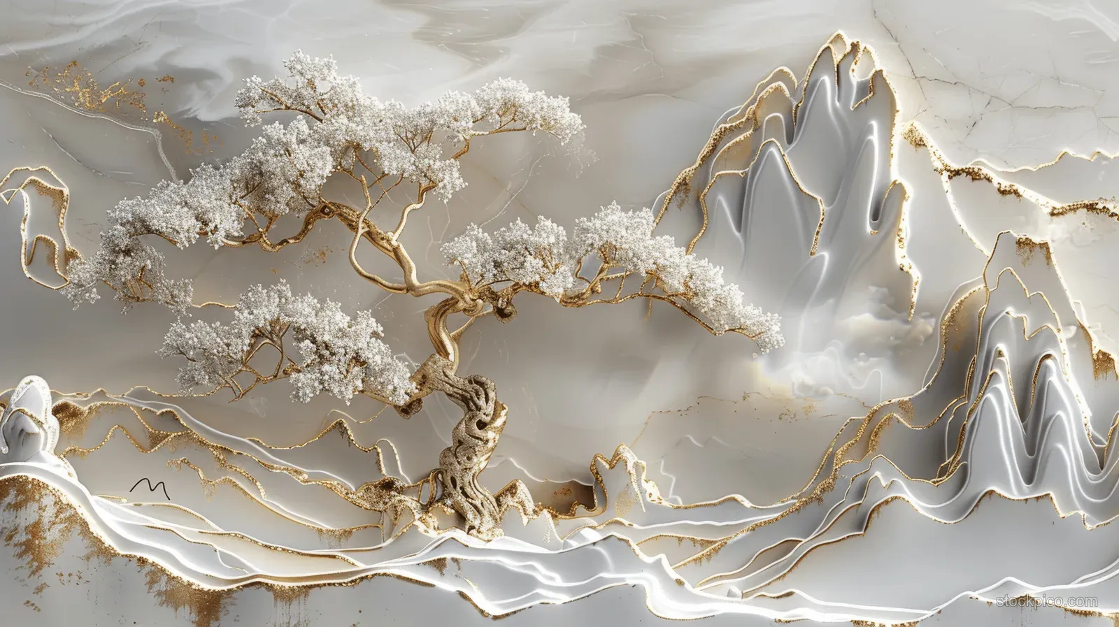 White marble relief wall with gold branching veins and gently glowing mist details.