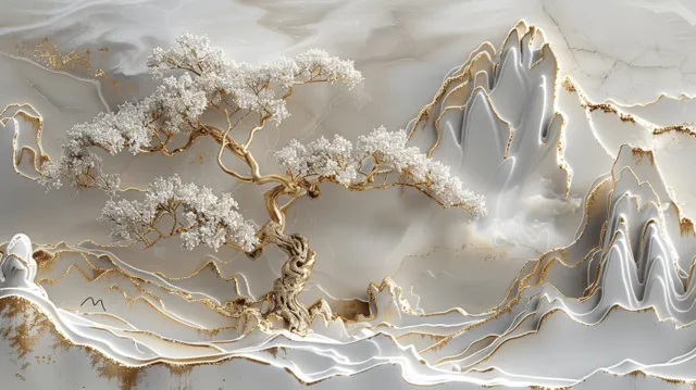 White marble relief wall with gold branching veins and gently glowing mist details.