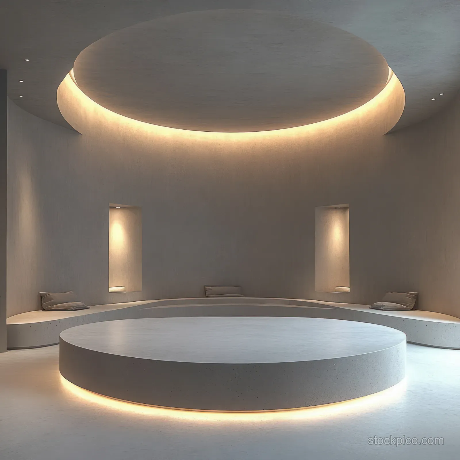 Minimalist circular room interior with warm recessed ceiling lighting, curved seating, and a round central platform.