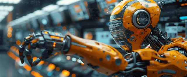 Futuristic robotic arms manipulate surgical tools in a tech hospital lab with floating hologram indicators.