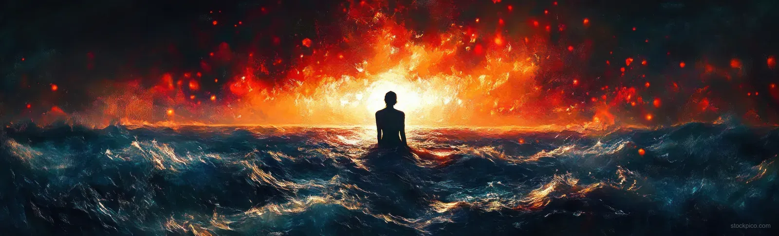 Lone silhouette stands in churning ocean waves facing a fiery orange sunset with glowing embers above the horizon.