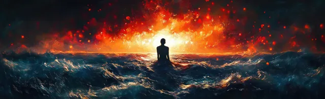 Lone silhouette stands in churning ocean waves facing a fiery orange sunset with glowing embers above the horizon.