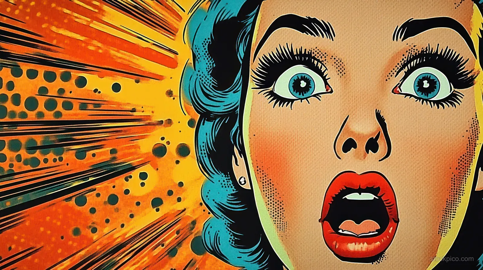 Close-up comic portrait of a surprised woman with blue hair, wide blue eyes, and red lips on an orange dot burst background.