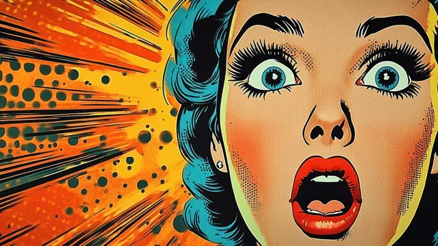 Surprised woman with blue hair, wide eyes, and red lips in pop art comic background