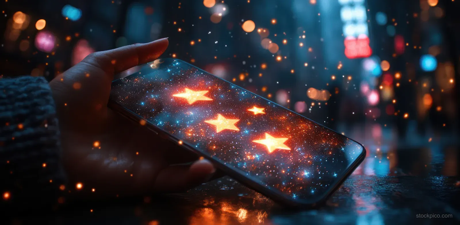 A hand holds a smartphone showing glowing star rating icons while colorful city lights blur in the background.