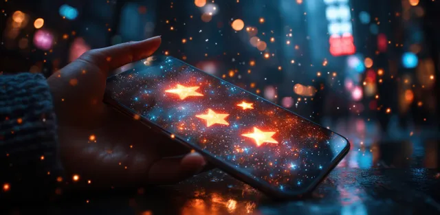 A hand holds a smartphone showing glowing star rating icons while colorful city lights blur in the background.