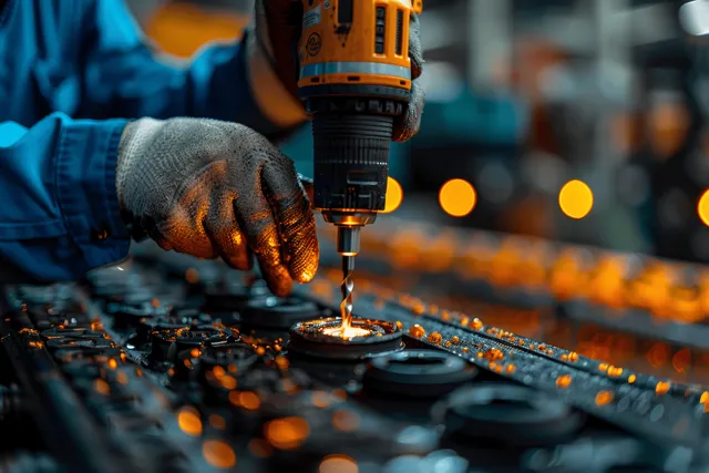Mechanic tightening car wheel bolts with impact drill, close-up hands in garage