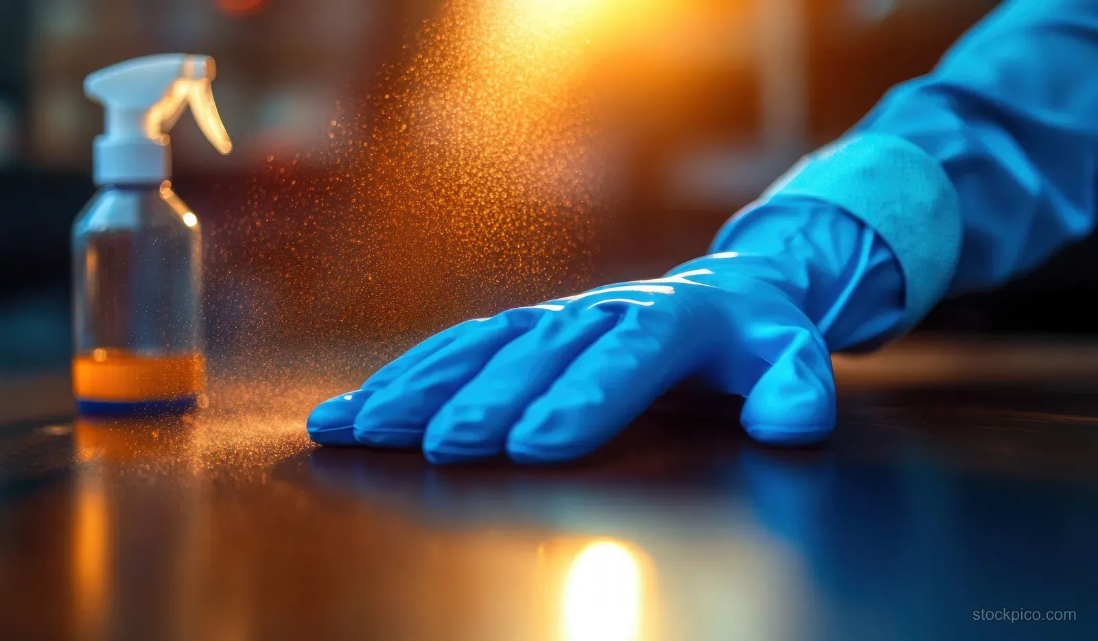 Blue-gloved hand wipes a countertop with a microfiber cloth near a spray bottle under sunlight.