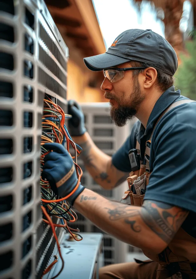 Technician repairs an outdoor air conditioner, tightening electrical wires beside the condenser unit in sunlight.