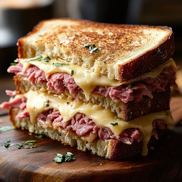 Close-up grilled roast beef sandwich with melted cheese, toasted crust, and fresh herb garnish