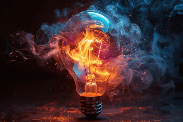 Colorful light bulb bursts with paint-like energy and sparks on dark studio background