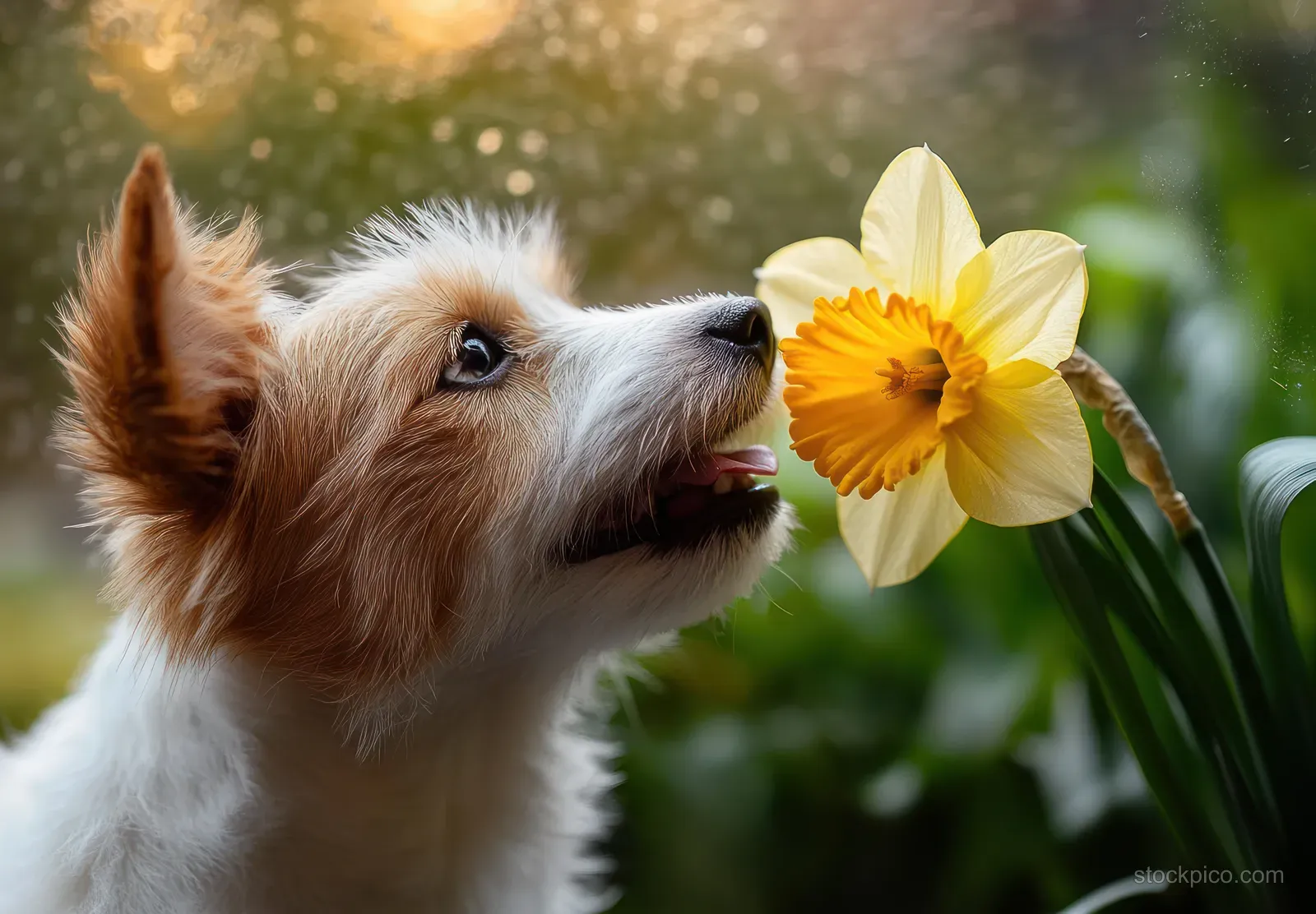 A small dog sniffs a bright yellow daffodil while green garden leaves blur in soft sunlight.