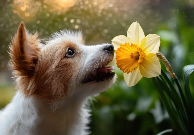 A small dog sniffs a bright yellow daffodil while green garden leaves blur in soft sunlight.