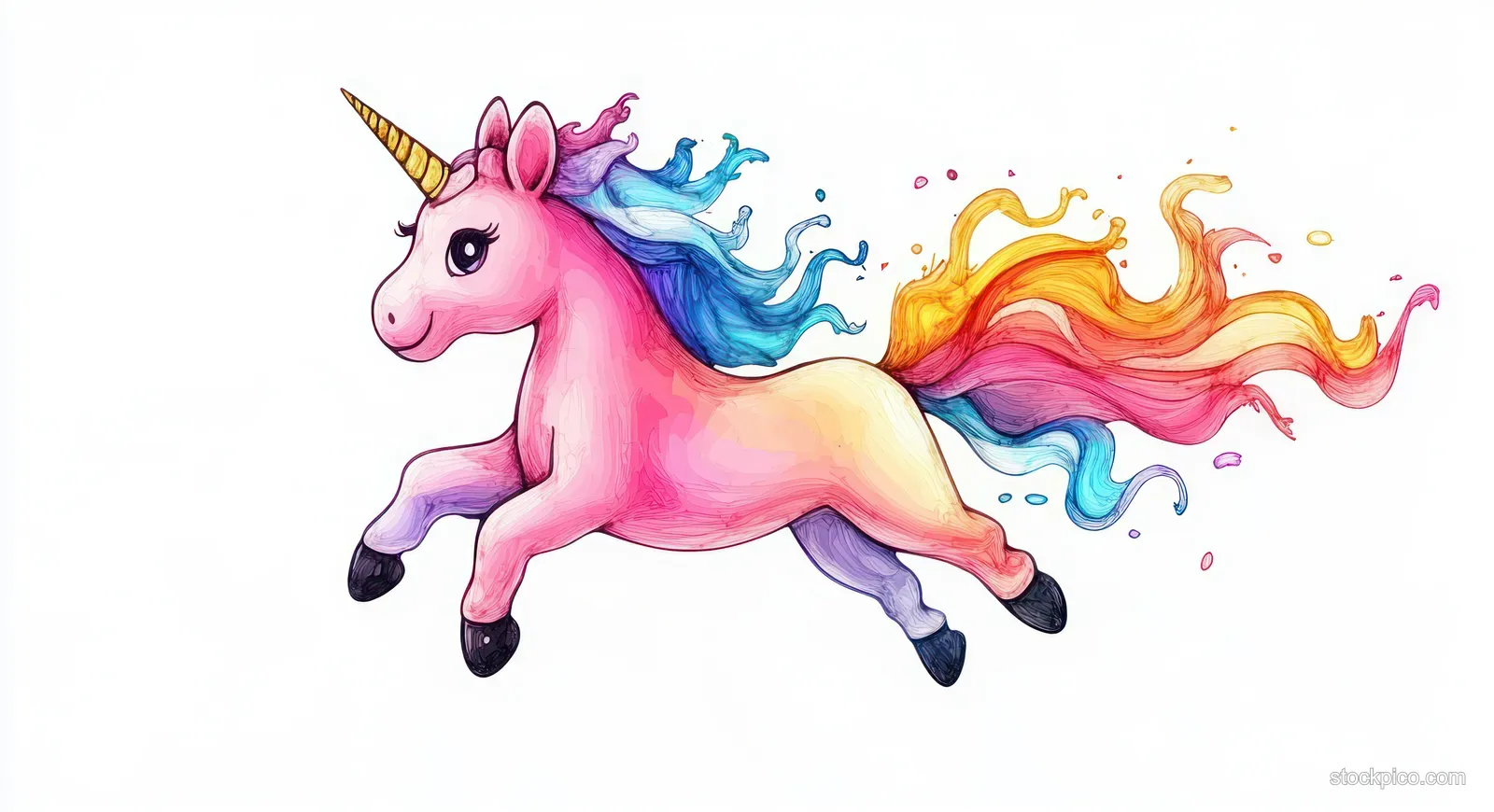 A pink unicorn leaps across a white background with a flowing rainbow mane and tail trail.