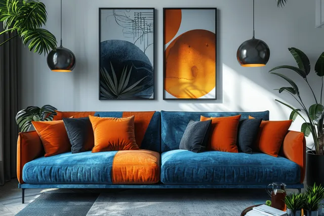 Blue sofa with orange cushions sits in a Scandinavian living room with abstract framed art, pendant lights, and plants.
