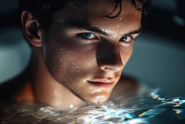Half-submerged person in dark water with soft lighting reflecting across ripples on wet skin.