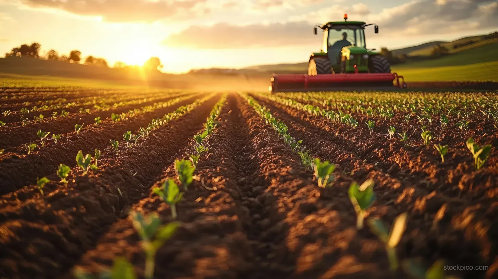 A tractor works a green crop field at sunrise as seedlings grow in neat rows under golden sunlight.