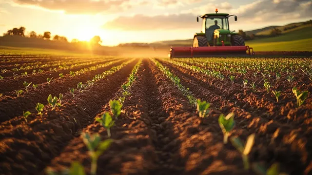 Tractor plows a green crop field at sunrise, neat rows of seedlings under golden light