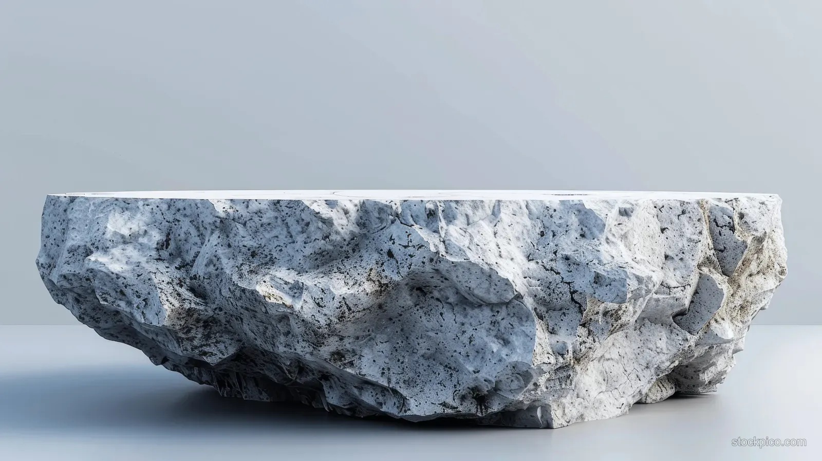 White stone podium with rough natural rock texture resting on a minimal studio surface under soft light.