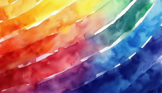 Diagonal watercolor rainbow stripes blend on textured paper with soft bleeding color gradients.