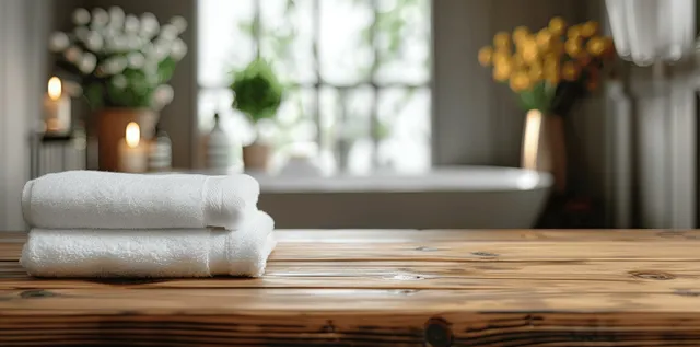 Wooden bathroom countertop with stacked white towels and soft spa lighting behind glass mirror