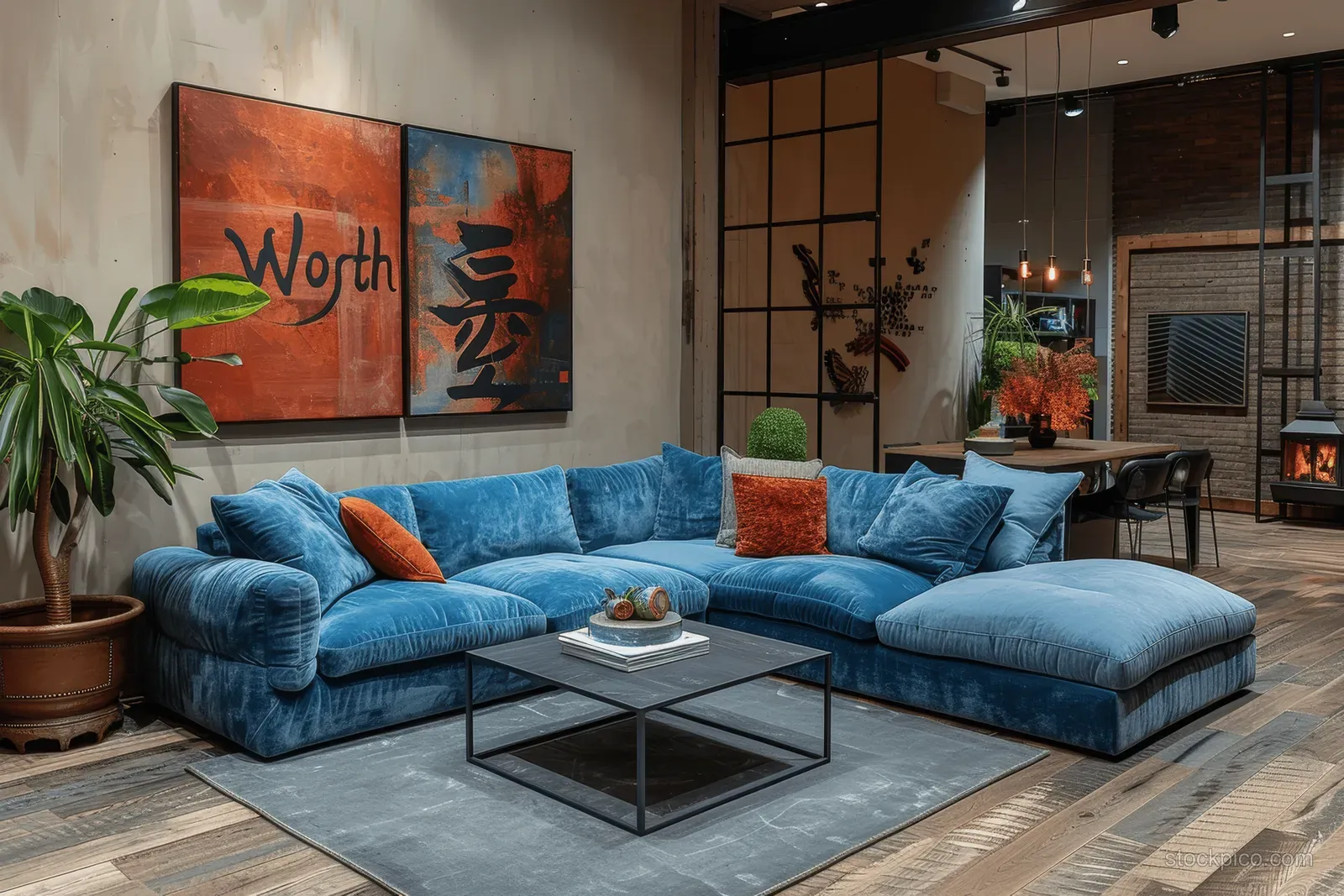 Blue sectional sofa sits on a patterned rug in a minimalist living room with warm wall lighting and framed art.