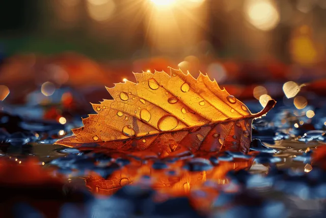 Autumn leaf with dew water drops catching sunrise backlight in forest grass bokeh