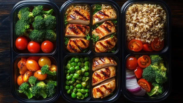 Meal prep containers with grilled chicken, brown rice, broccoli, green peas, and mixed tomatoes arranged on dark wood.