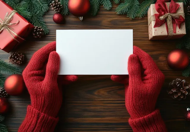 Red knit gloved hands hold a blank white Christmas card surrounded by pine branches, pine cones, red ornaments, and wrapped gifts on wood.