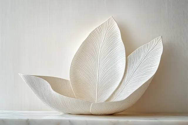 Three leaf-shaped ceramic bowls sit on a beige shelf, showing white relief vein textures.