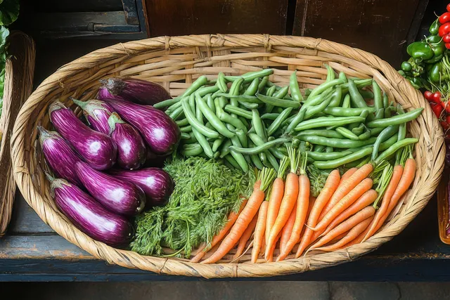 Woven basket brims with purple eggplants, green beans, and carrots on rustic wooden table