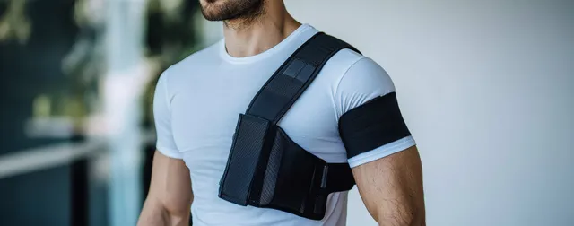 A man wears an orthopedic shoulder sling brace supporting an injured arm across his chest.