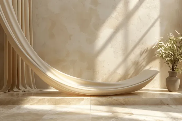 Cream ribbon drapes over podium stage in minimal 3D cosmetic presentation scene with soft light
