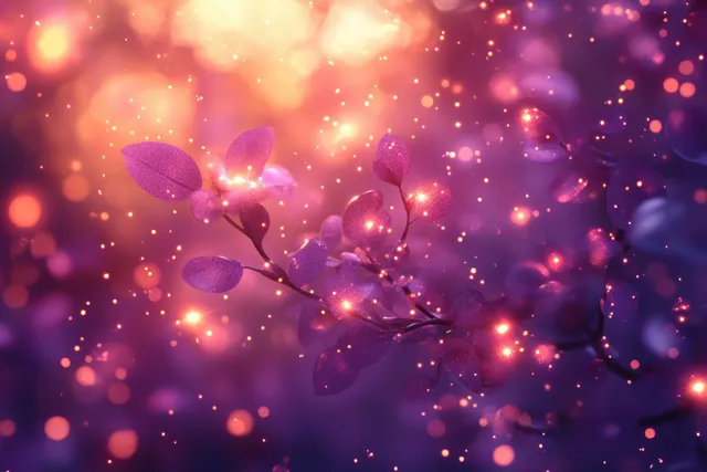 Warm gold and purple bokeh light leaks with glowing blossom silhouettes and sparkling particles fill a soft abstract background.