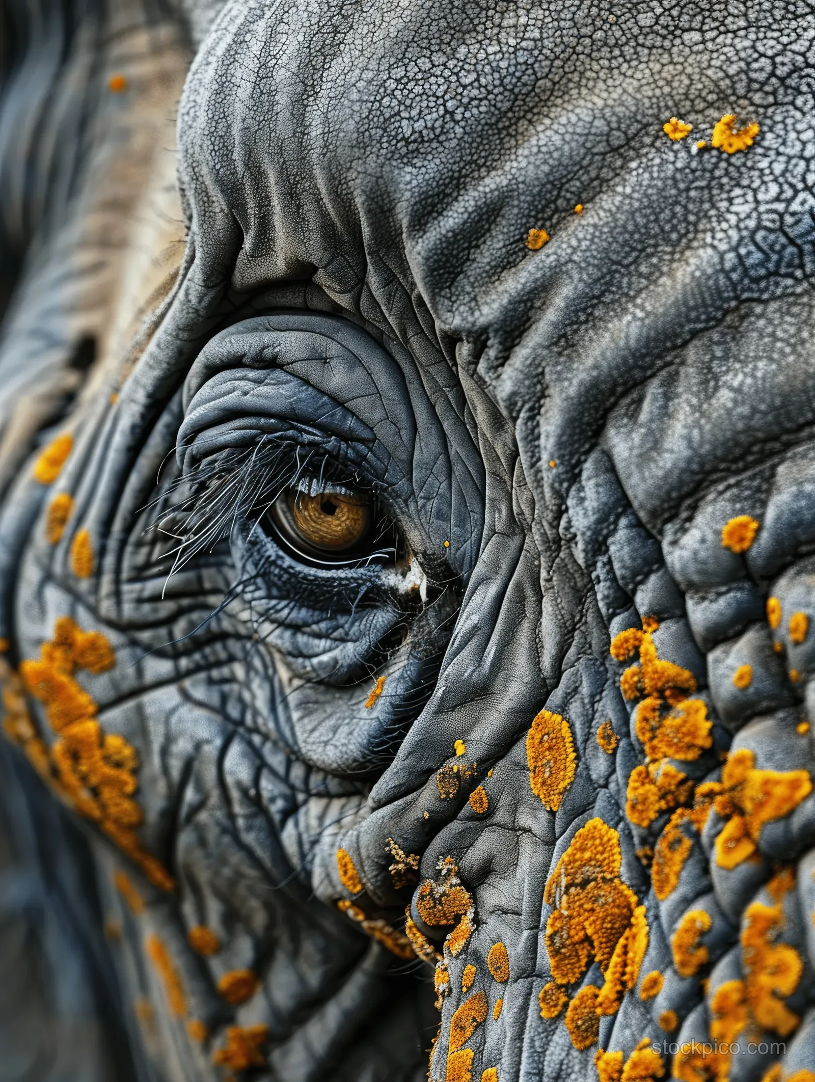 Close-up of an elephant eye surrounded by wrinkled skin and golden speckled marks indicating attentiveness.