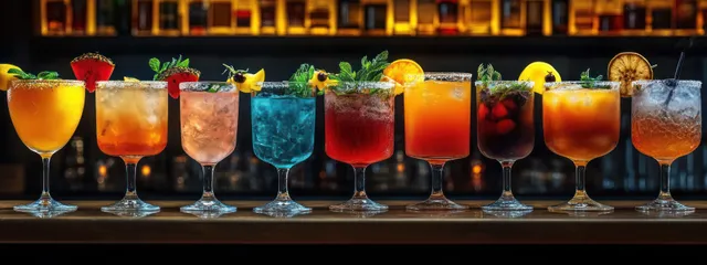 Ten colorful cocktails lined on a wooden bar with herb and fruit garnishes