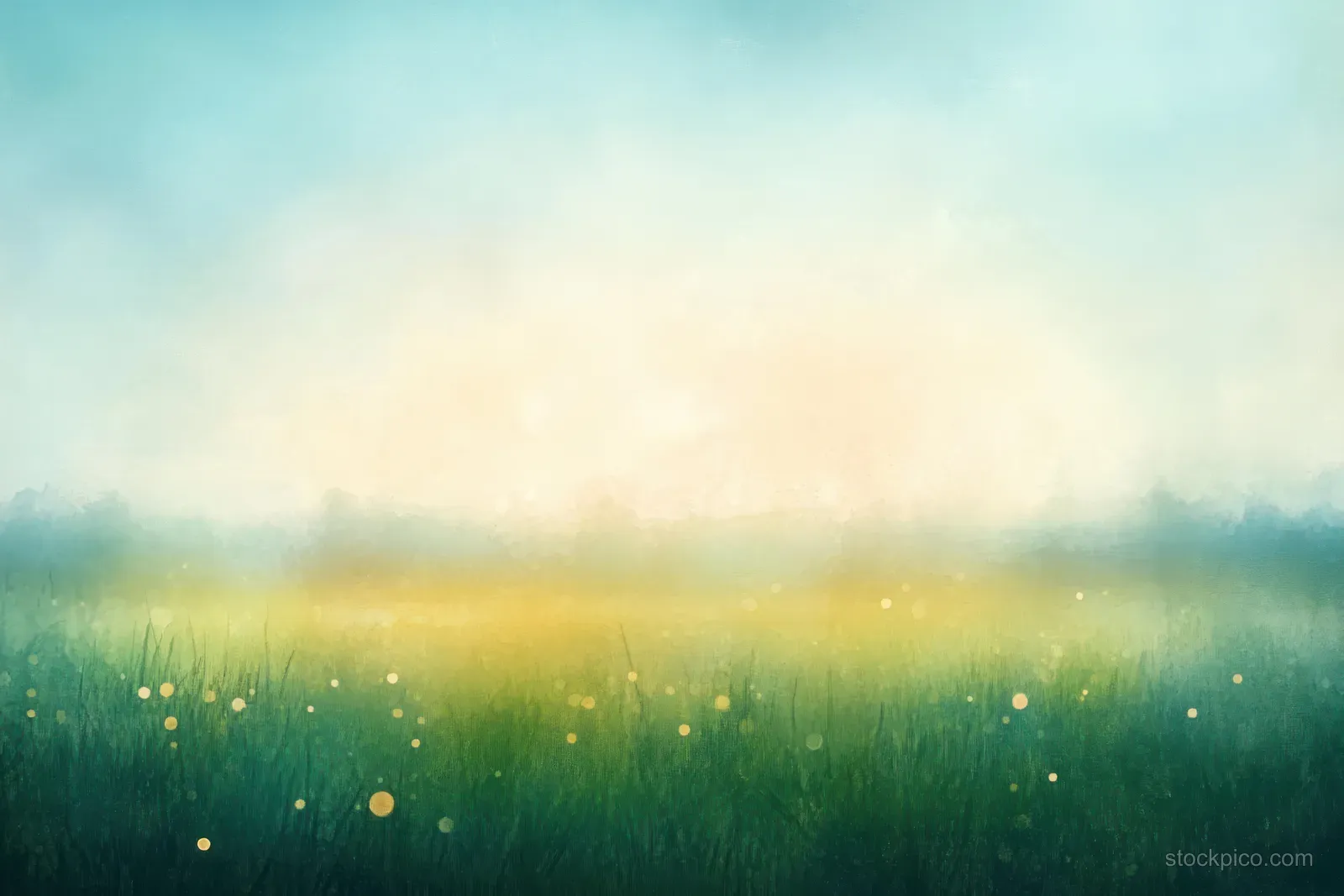 Soft pastel abstract meadow with a blue sky glow, green grass tones, and scattered bokeh light dots.