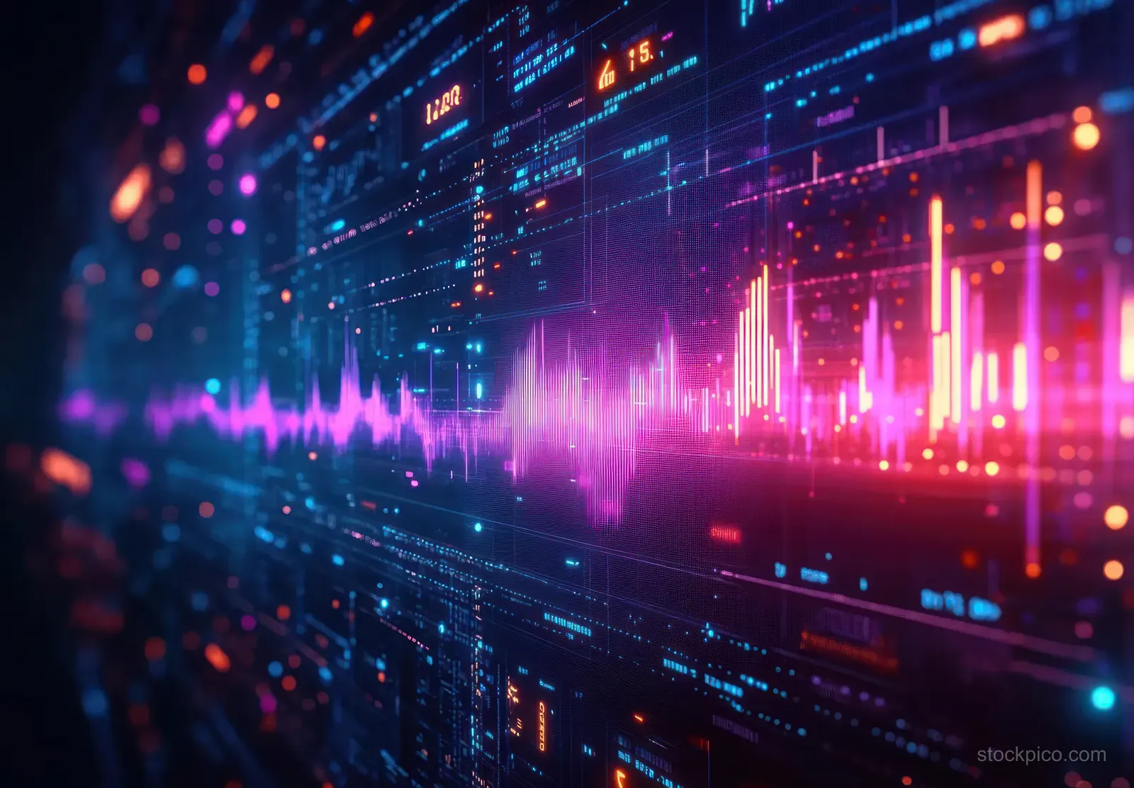 Neon financial charts and data waves glow across a dark futuristic dashboard interface.