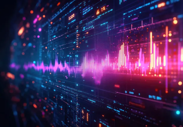 Neon financial charts and data waves glow across a dark futuristic dashboard interface.