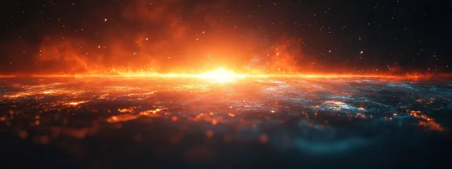 Glowing horizon light flare over cloud tops with fiery sunrise glow and blue haze